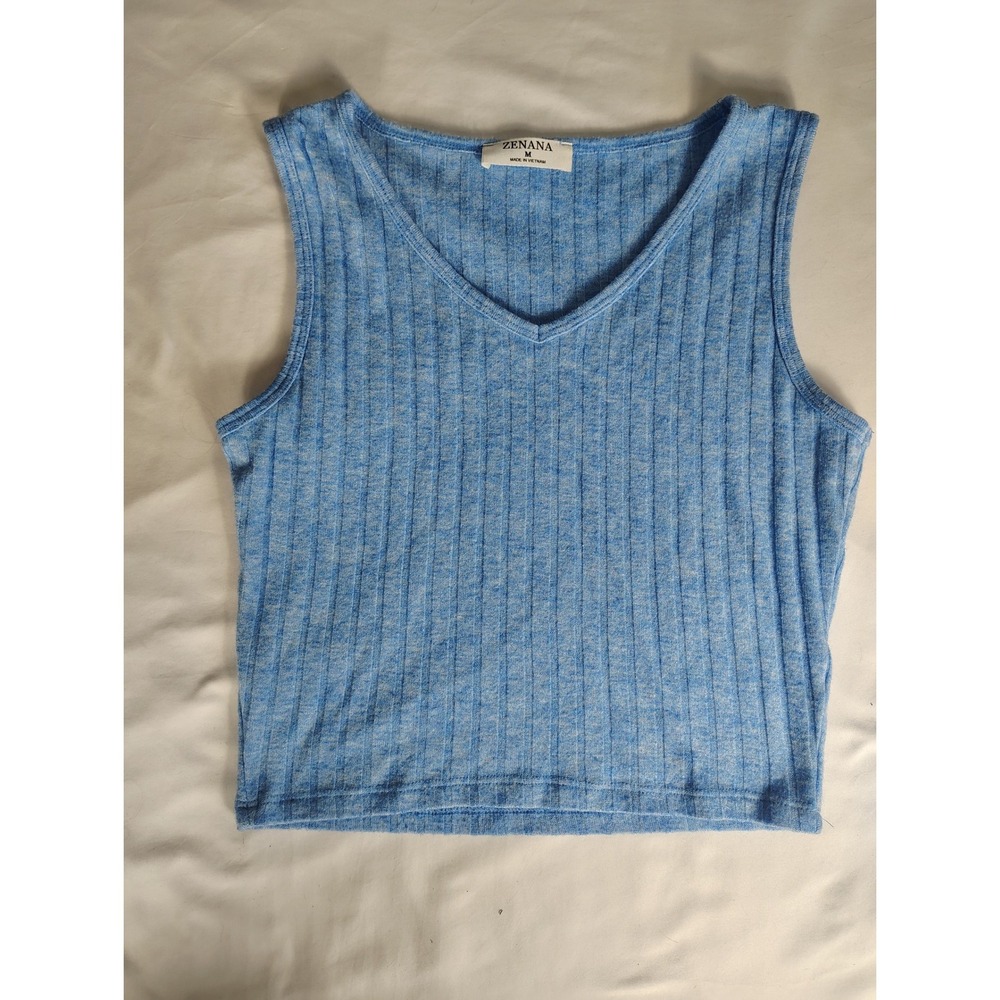 Zenana Women‎ Blue Ribbed Knit V-Neck Tank Top Sleeveless HT-2308Y Size M